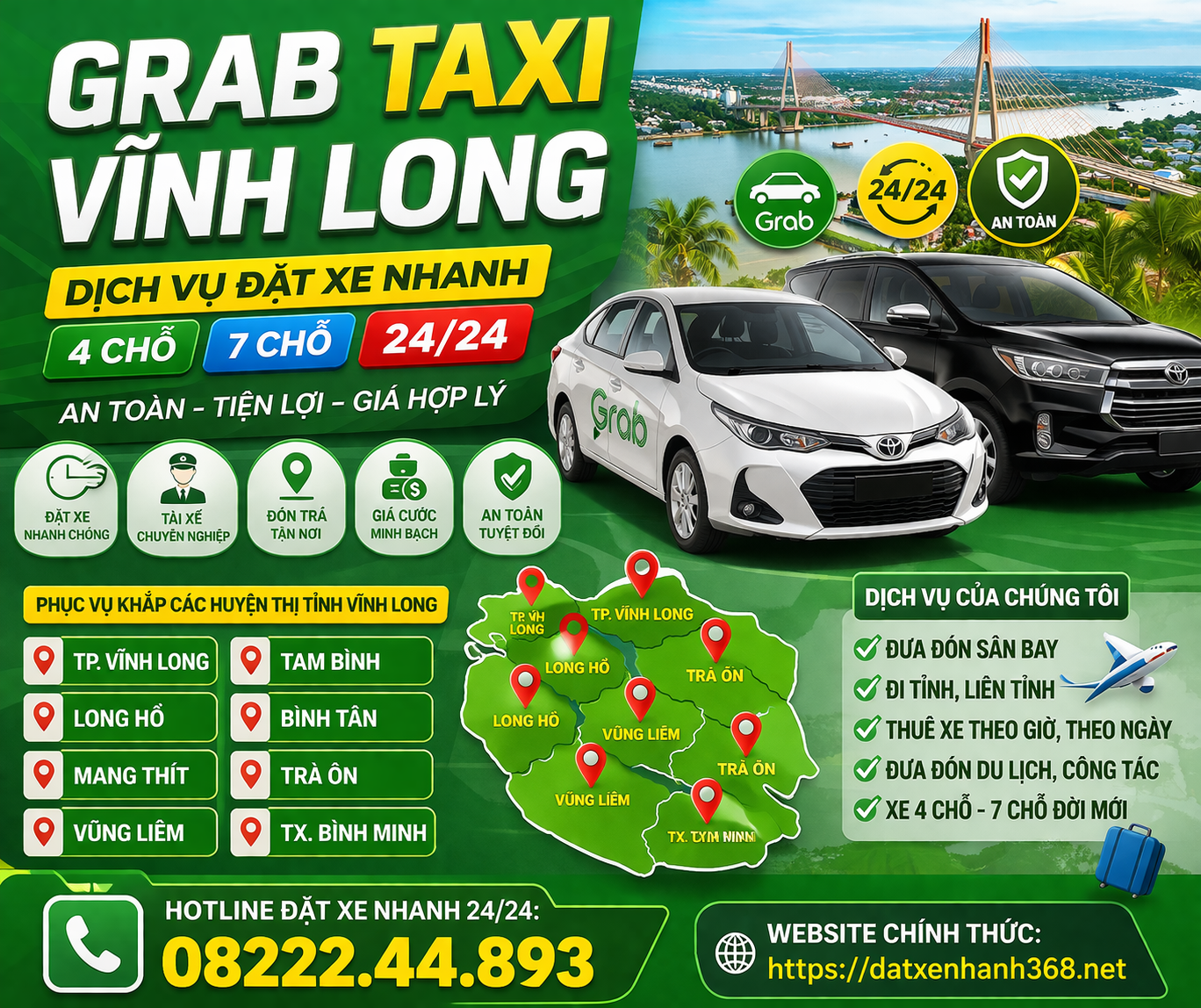 GRAB TAXI VĨNH LONG –ĐẶT XE NHANH 4 CHỖ 7 CHỖ 24/24☎️  