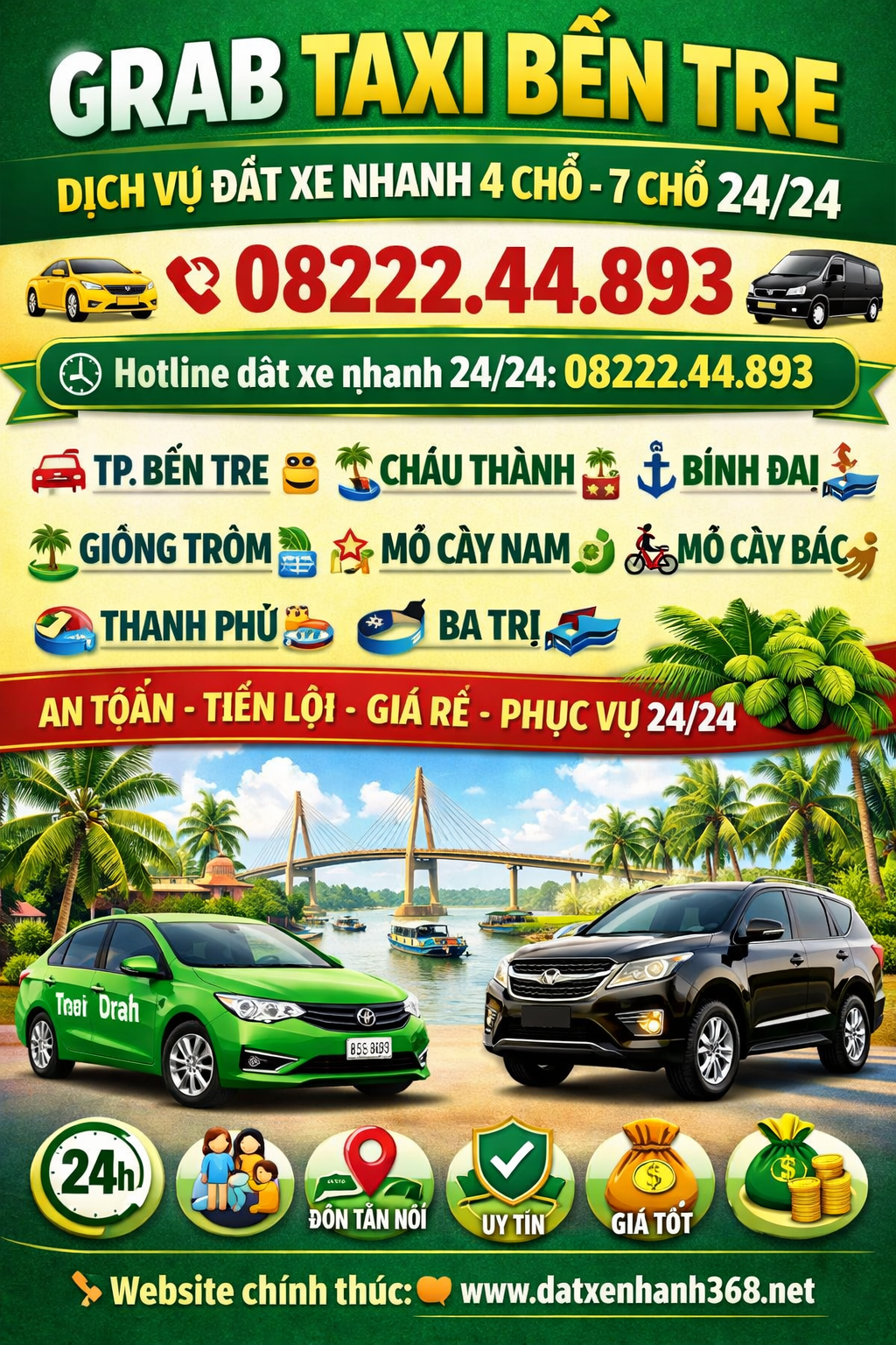 GRAB TAXI BẾN TRE – ĐẶT XE NHANH 4 CHỖ 7 CHỖ 24/24 ☎️