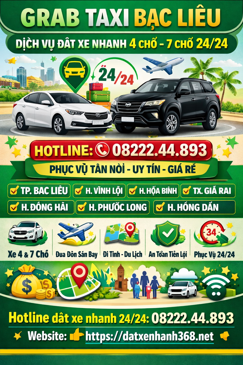 GRAB TAXI BẠC LIÊU –  ĐẶT XE NHANH 4 CHỖ 7 CHỖ 24/24 📲