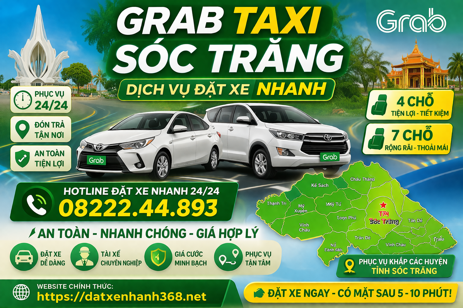 GRAB TAXI SÓC TRĂNG – DỊCH VỤ ĐẶT XE NHANH 4 – 7 CHỖ☎️