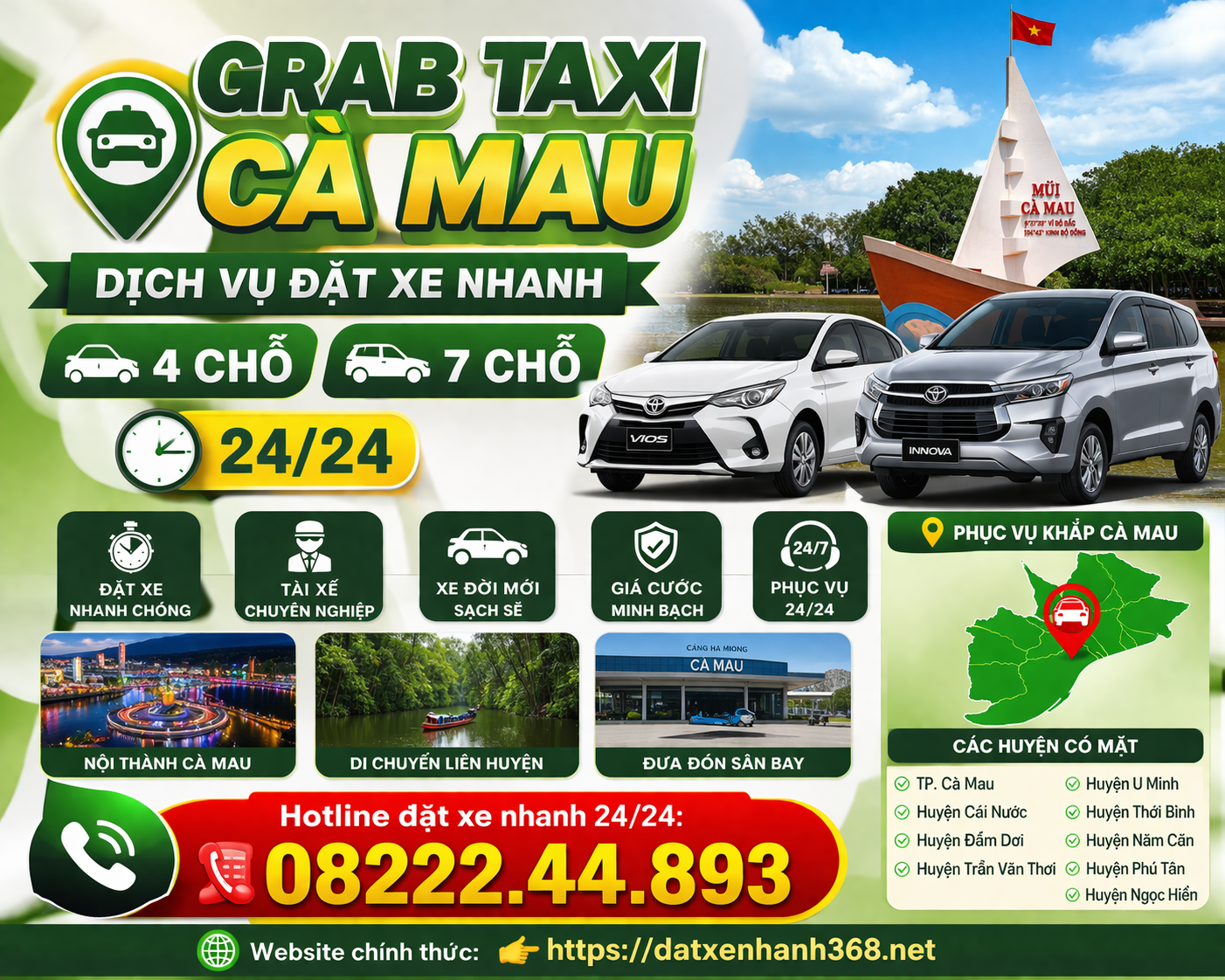 GRAB TAXI CÀ MAU –  ĐẶT XE NHANH 4 CHỖ 7 CHỖ 24/24☎️