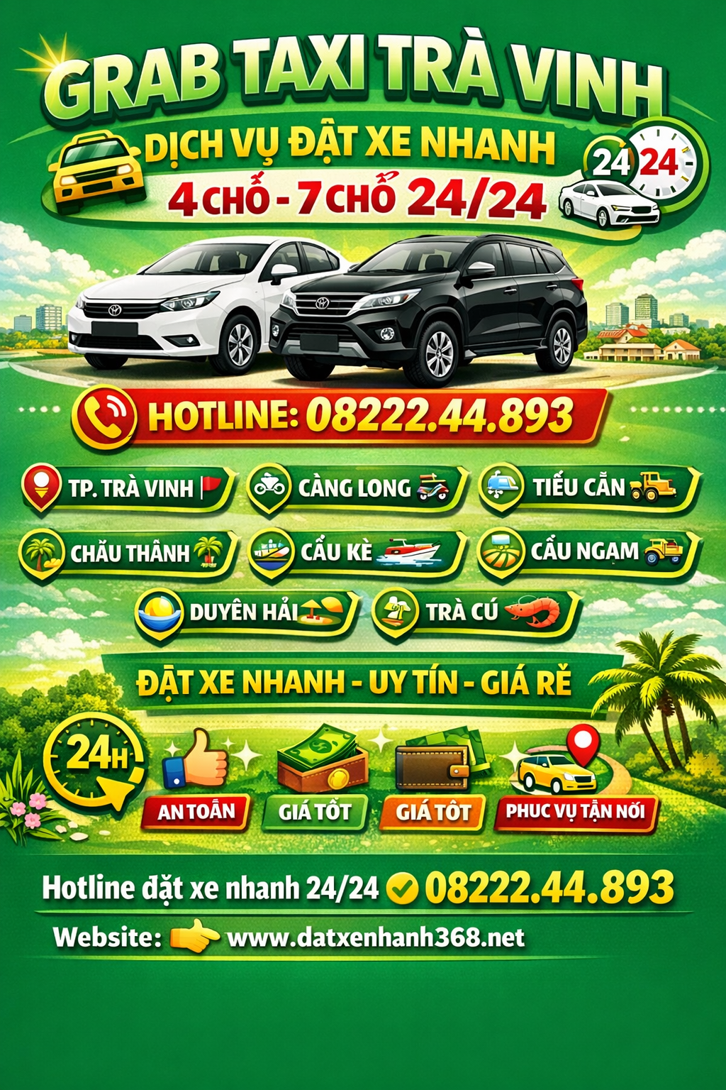 GRAB TAXI TRÀ VINH – 4 CHỖ 7 CHỖ 24/24 ☎️ 08222.44.893