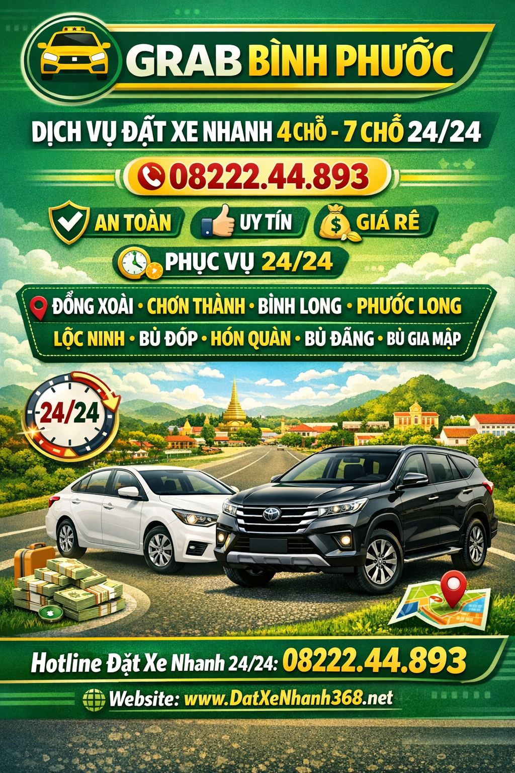GRAB TAXI BÌNH PHƯỚC – ĐẶT XE NHANH 4 CHỖ 7 CHỖ 24/24