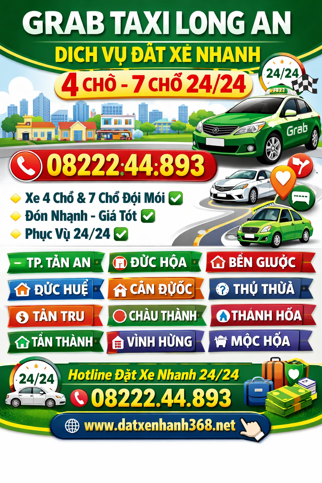 GRAB TAXI LONG AN – 4 CHỖ 7 CHỖ 24/24 ☎️ 08.222.44.893