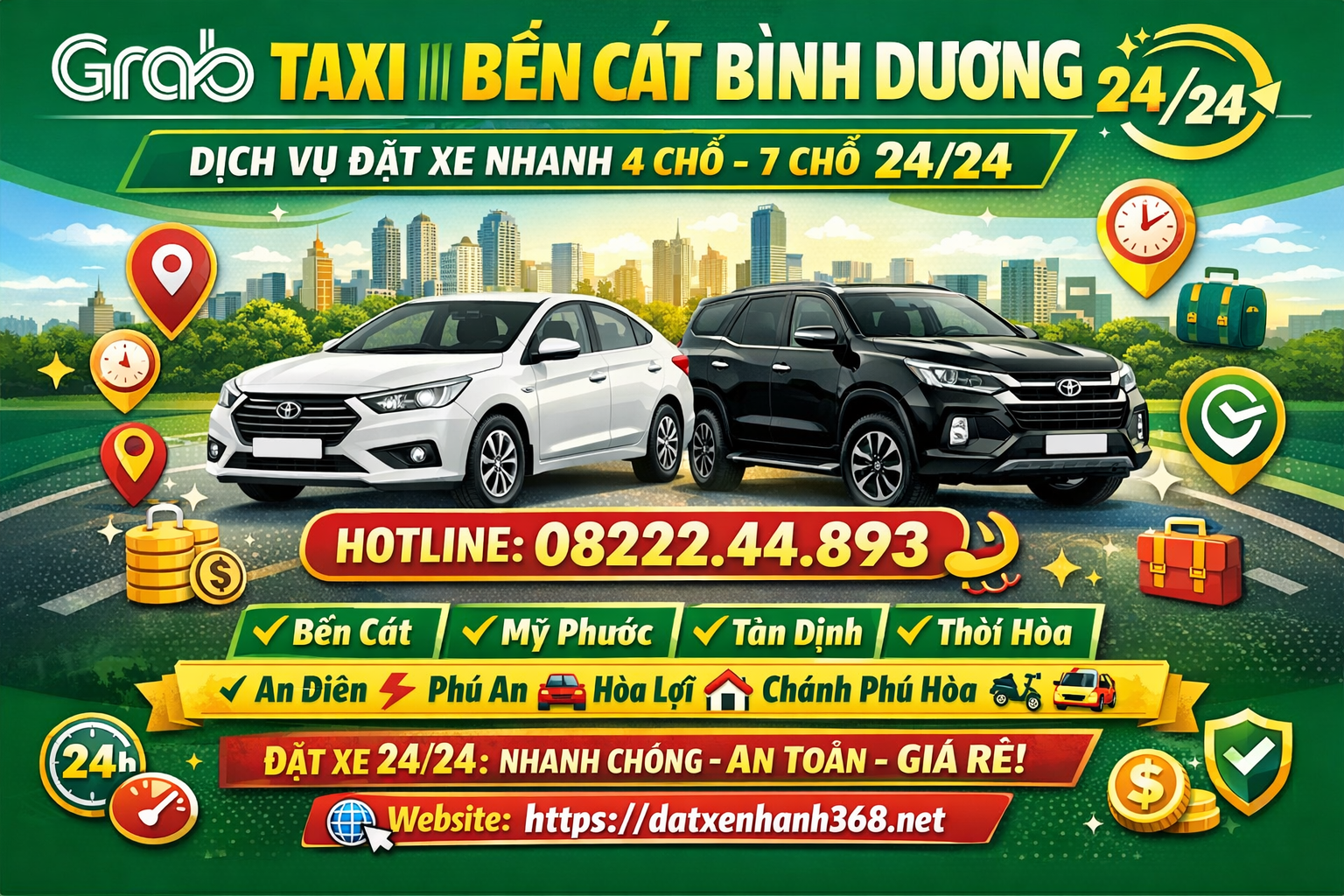 GRAB TAXI BẾN CÁT – DỊCH VỤ 4 CHỖ 7 CHỖ ☎️ 08222.44.893