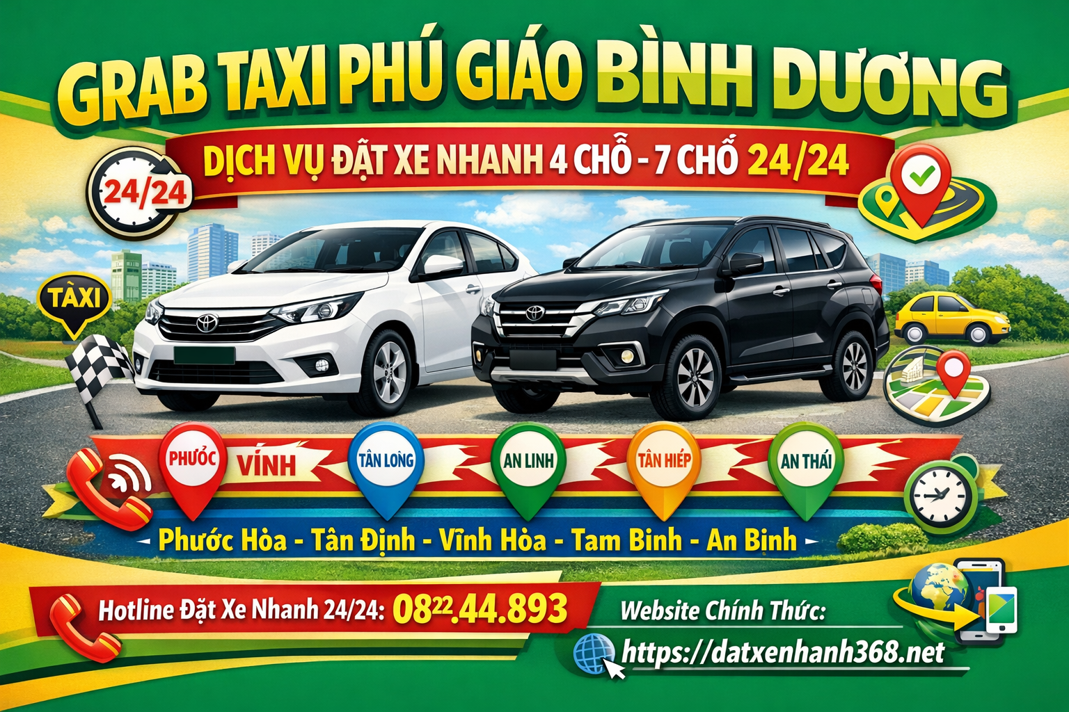 GRAB TAXI PHÚ GIÁO – 4 CHỖ 7 CHỖ 24/24 ☎️08.2.2.2.4.4.8.93