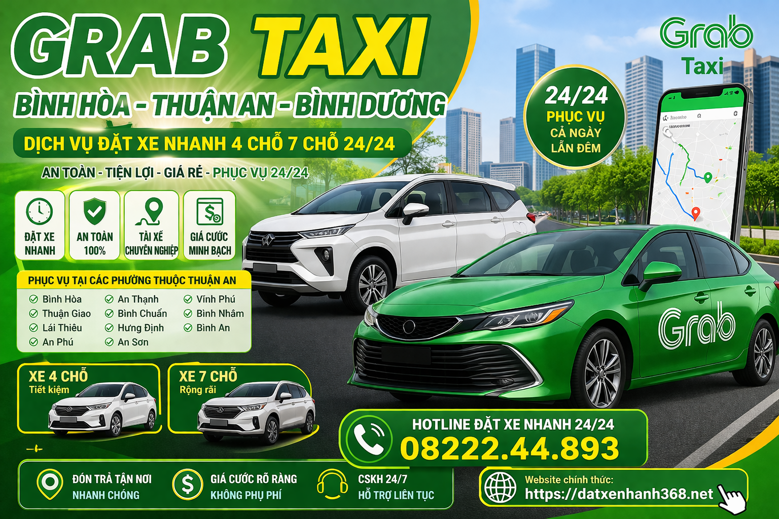 GRAB TAXI BÌNH HÒA THUẬN AN☎️0822244893 4–7 CHỖ 24/24